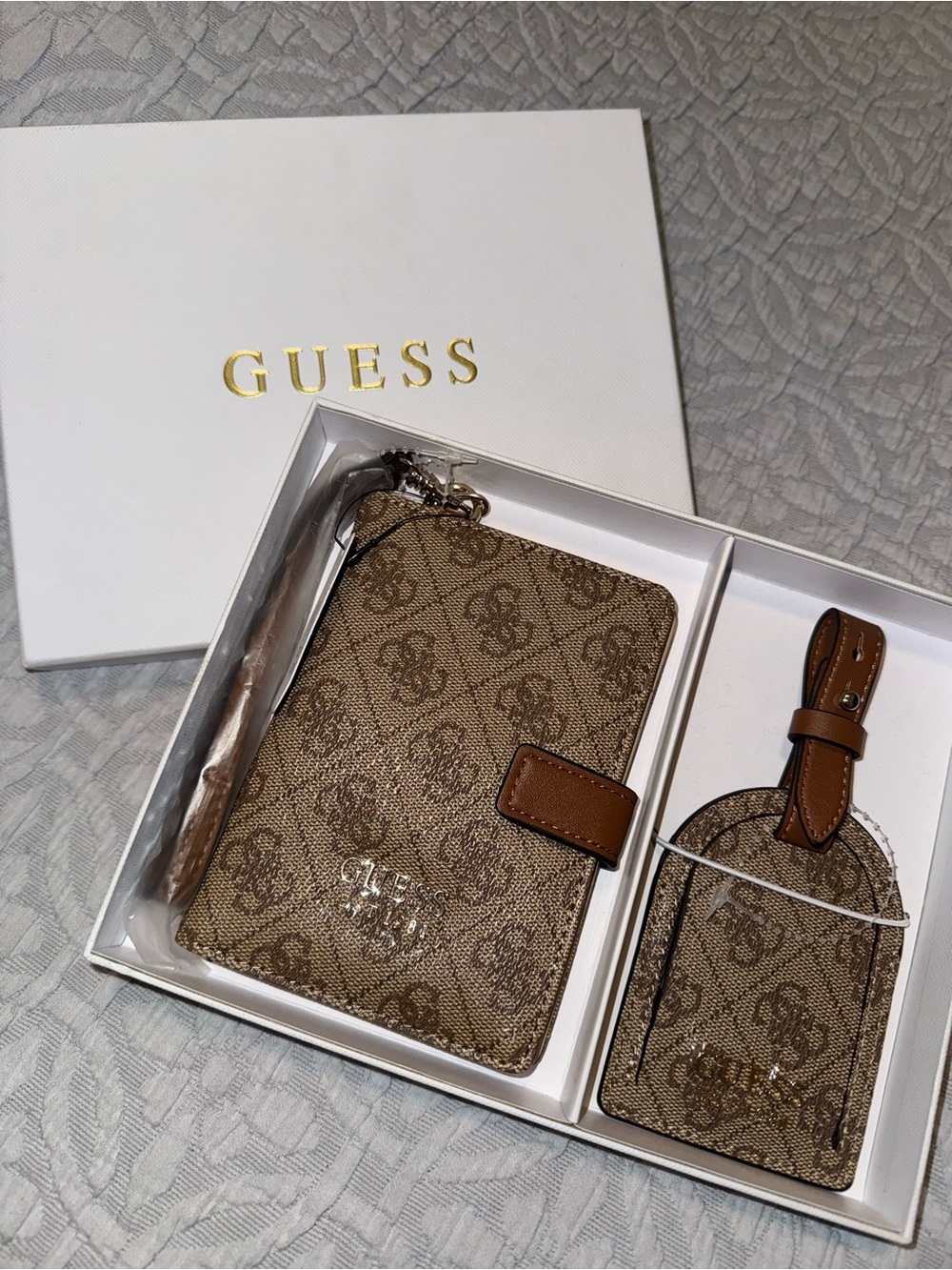 GUESS Tan Monogram Passport Wallet Case with Matching Luggage Tag